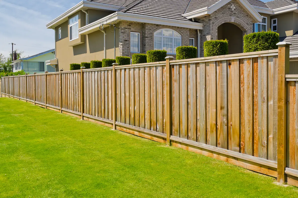 A privacy fence in a backyard